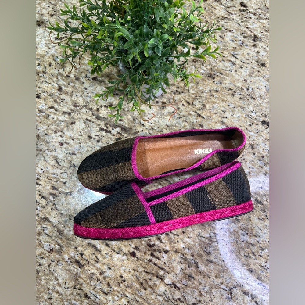 Fendi Pequin Striped Canvas Espadrille Flat, Pink Black Brown 39